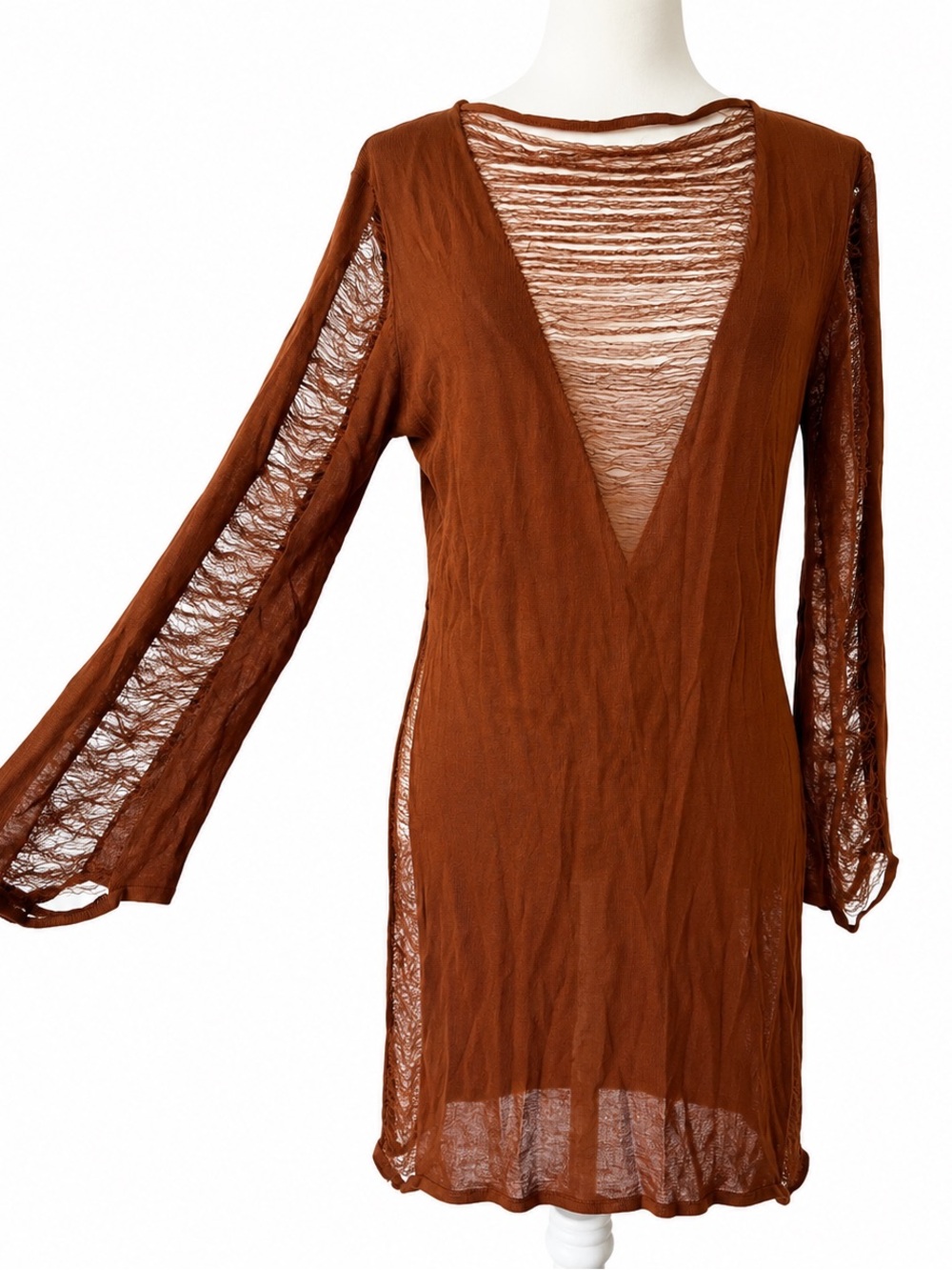 Missguided Rust-Brown Mini Dress with Ripped Texture Cuts. - Picture 2 of 7